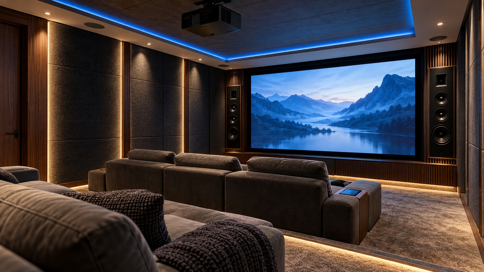 Home cinema with projection screen, surround speakers and blue accent lighting