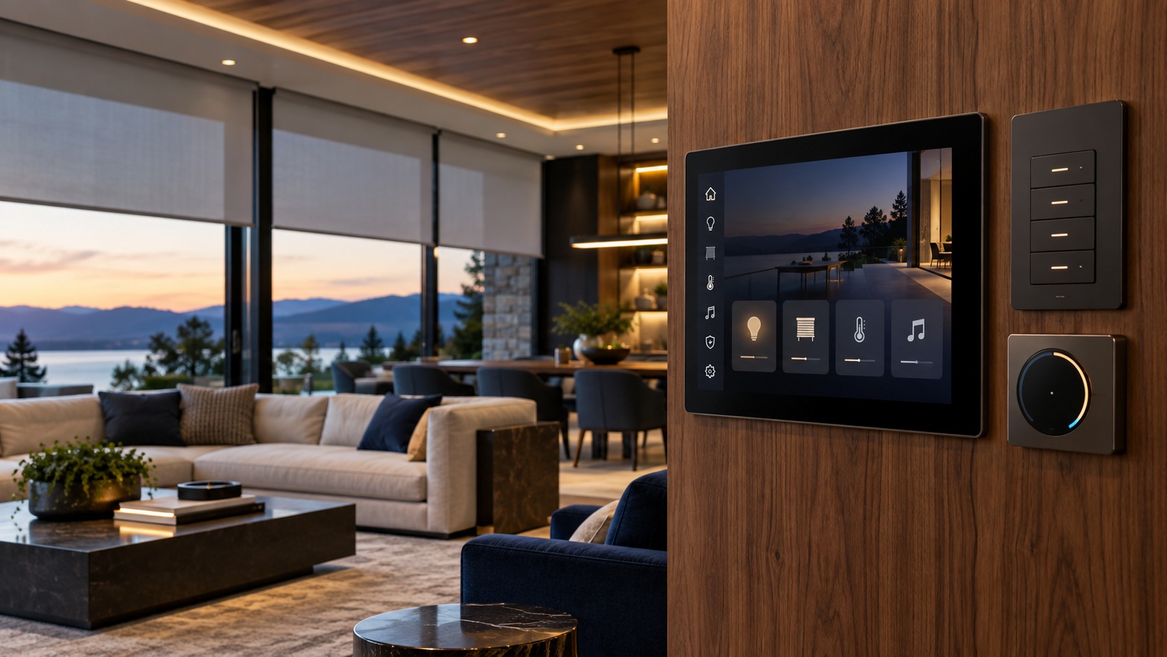 Wall-mounted smart-home touchscreen, lighting controls and thermostat