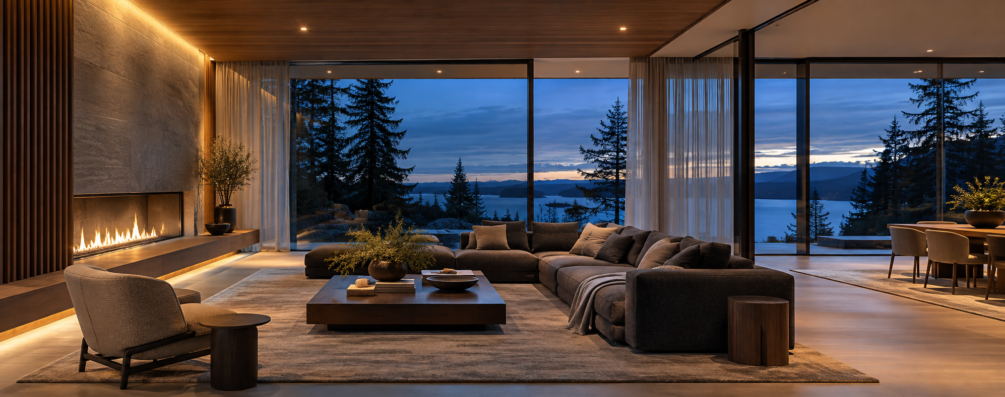 Modern living room with warm architectural lighting and expansive windows